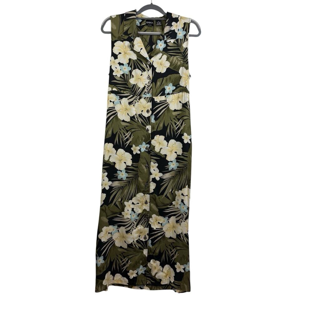 Vintage Erika Tropical Floral Maxi Dress Medium Full Button Sleeveless Collared